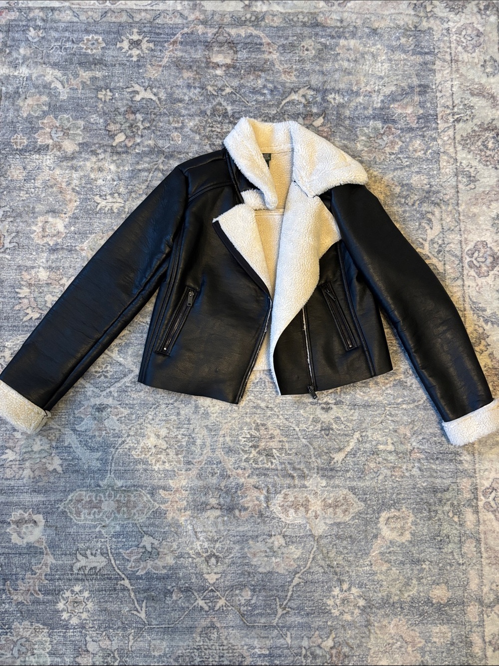 wild fable Black Faux Leather Sherpa-Lined Moto Jacket with Cream Trim